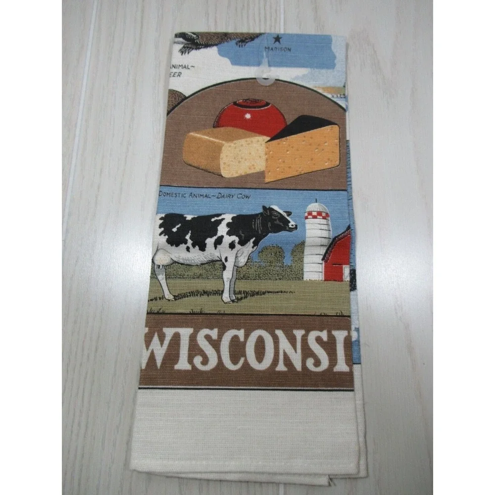 Wisconsin souvenir Linen Canvas Kitchen hand Towel Decor‎ Dairy Cow Cheese Dells